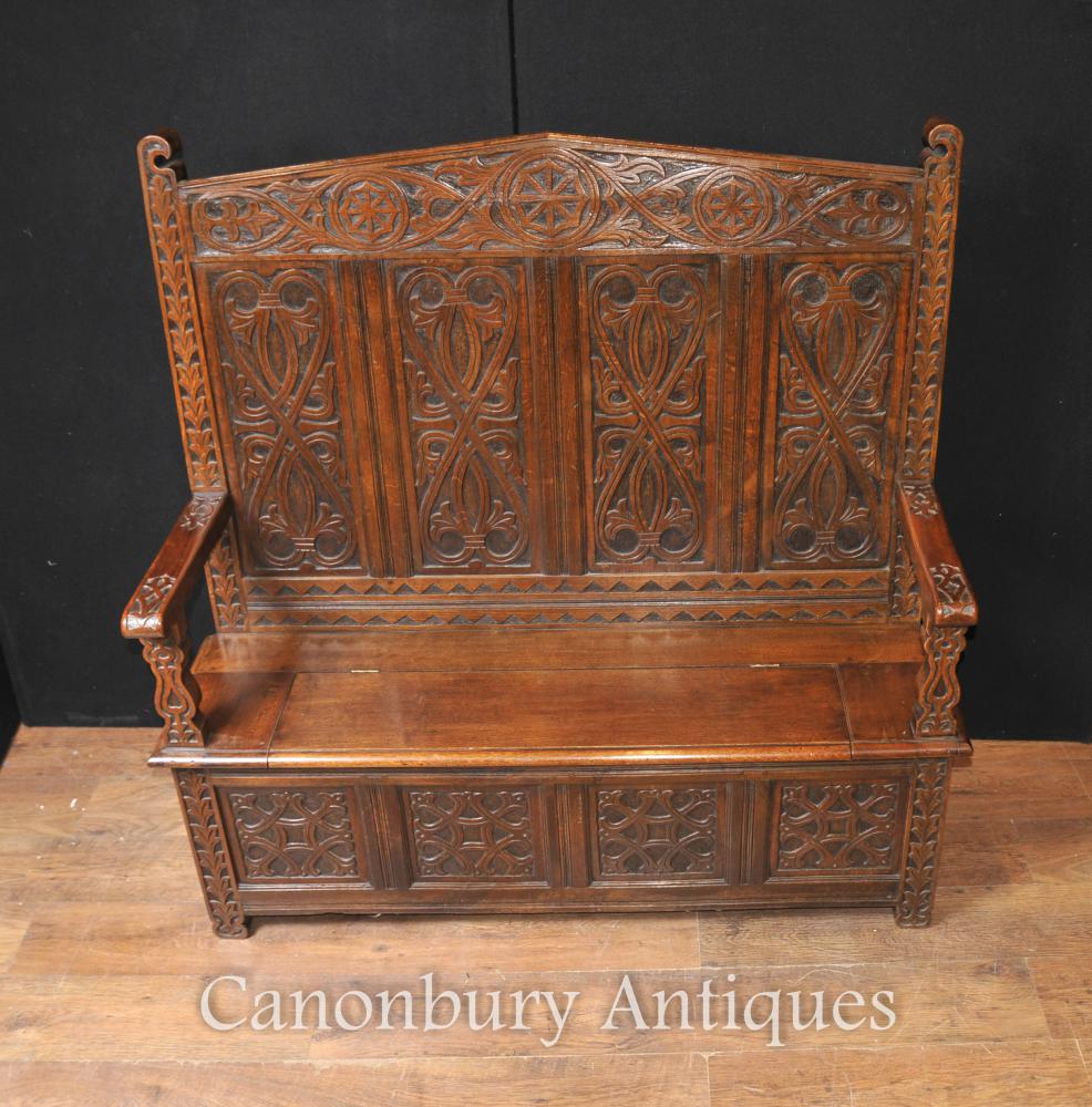 Antique 19e siècle des moines celtiques Bench Settle Seat Carved Oak