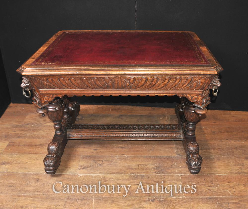 Antique 19e siècle sculpté Oak Table Bibliothèque bureau Table