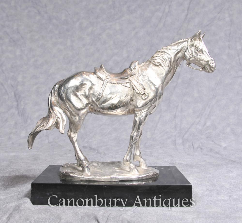 Argent Français Plaqué Bronze Horse Statue par Milo Chevaux