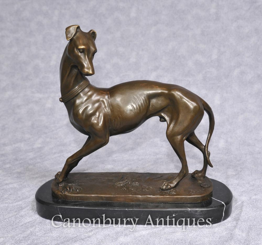 Art Deco Bronze Greyhound Statue par Barye Signée Chiens français