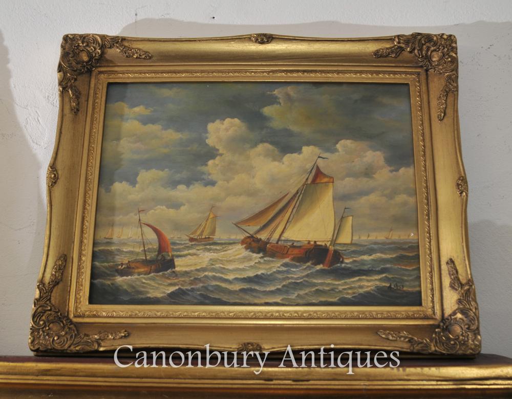 English Victorian Dorset Peinture Navire Maritime Seascape Signé A Hess