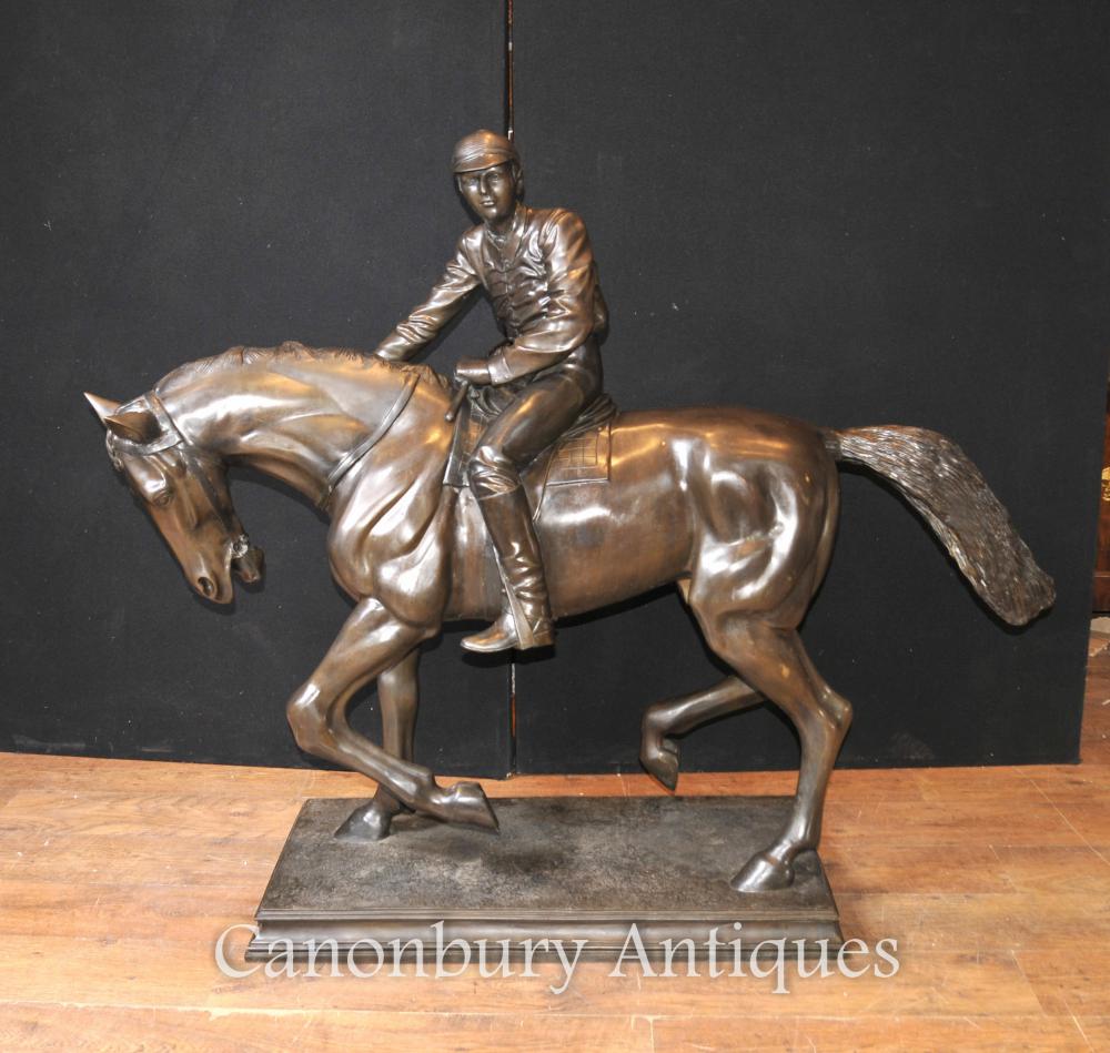 Grand Antique Français Bronze Horse and Jockey Statue Signée