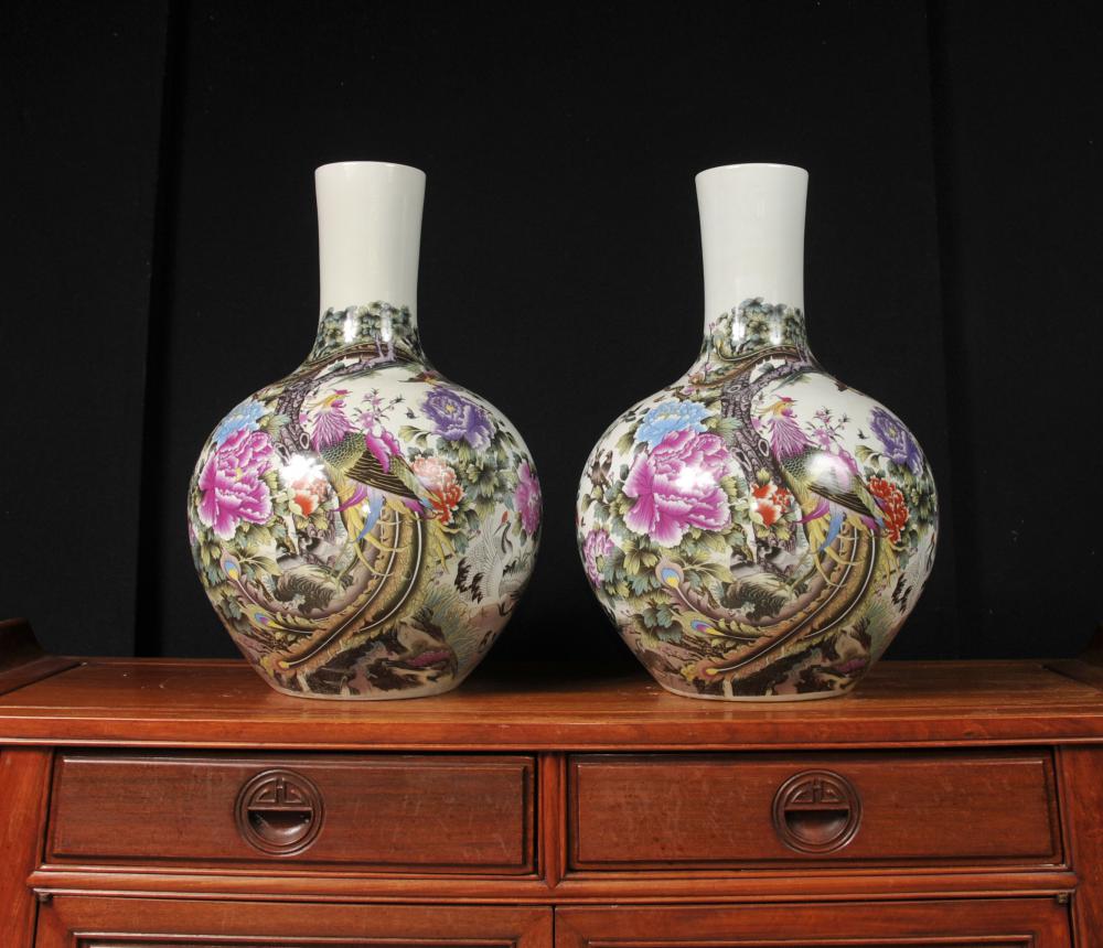 Oiseaux Paire chinoise Ming porcelaine Shangping Vases Urnes