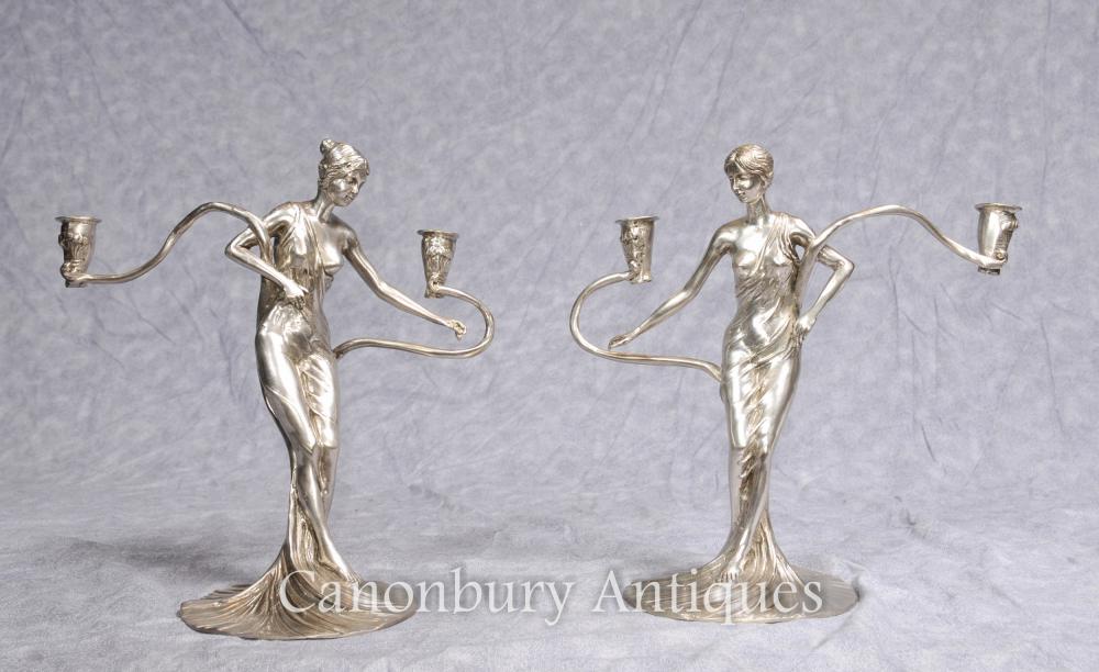 Paire Art Nouveau français Argent Plaqué Femme Candélabres Bougies Figurines