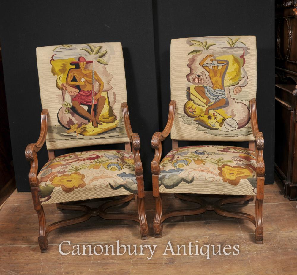 Paire Français Antique Chêne Fauteuils Nude main Tissé Tapisserie Tropical Nouveau