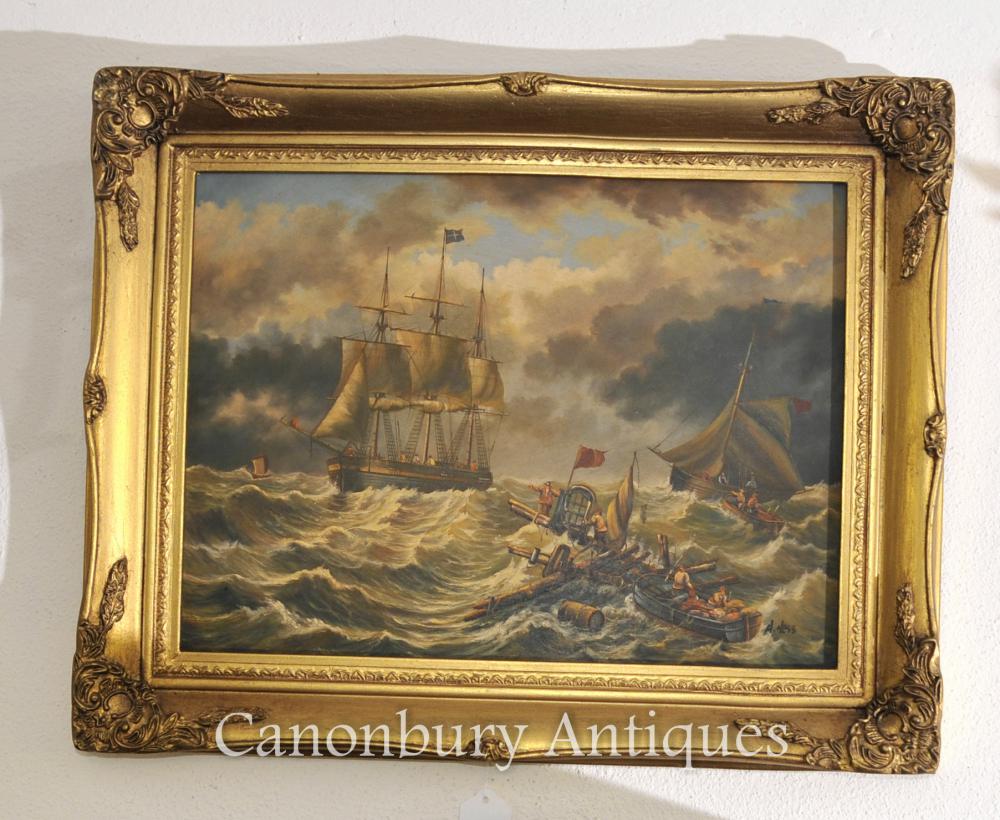 Peinture anglaise Oil Victorian Seascape Navire Maritime Signée A Hess
