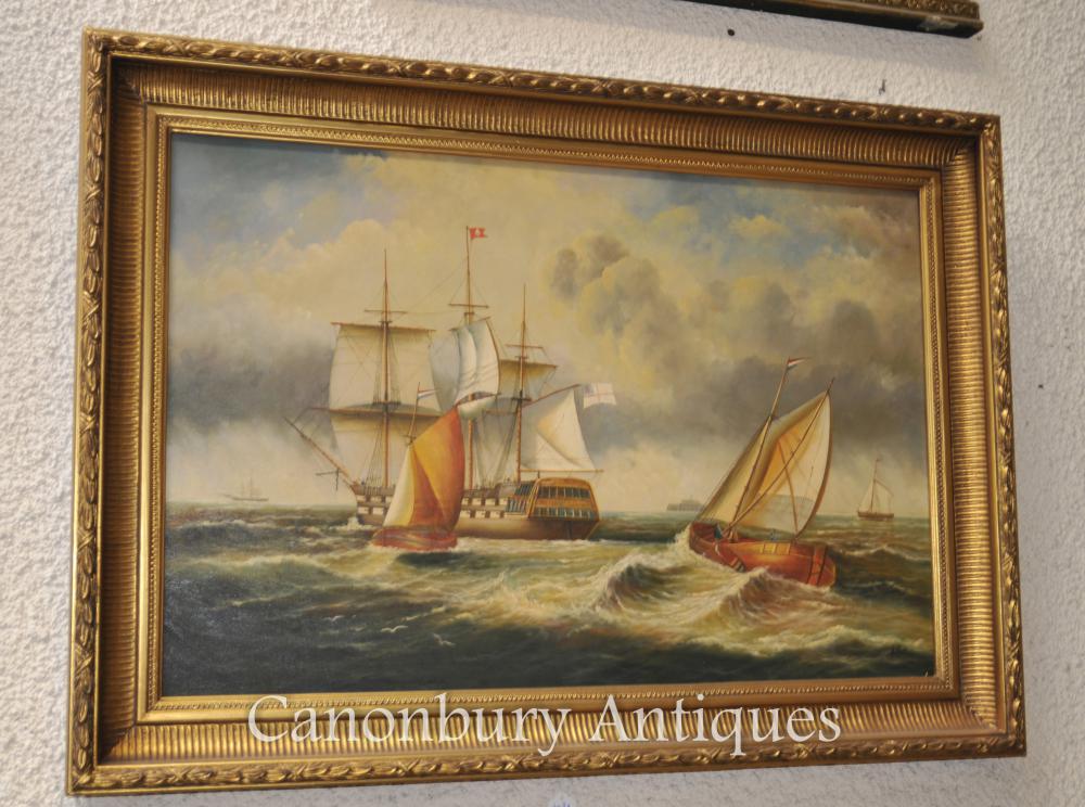 Peinture à l huile victorienne Galleon navire Seascape Maritime