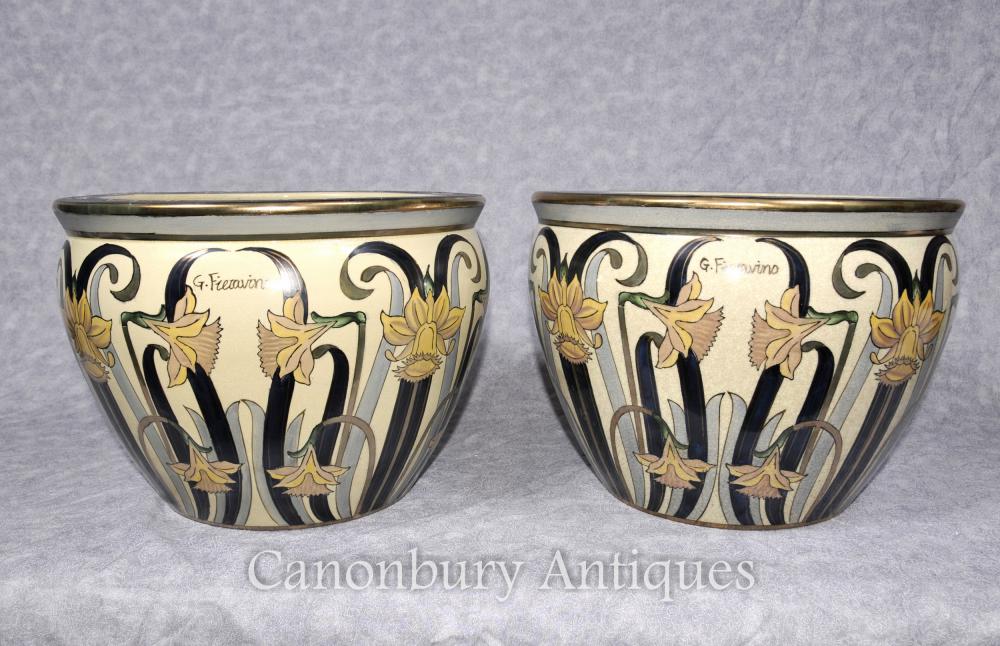 Pots Pair Italian Art Nouveau Porcelaine Planters signée Fieravino