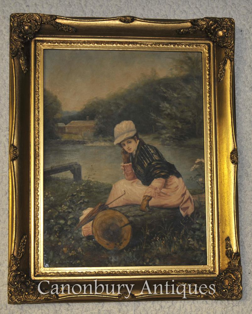 Victorian Peinture à l huile Portrait Jeune fille sur la Tamise à Londres