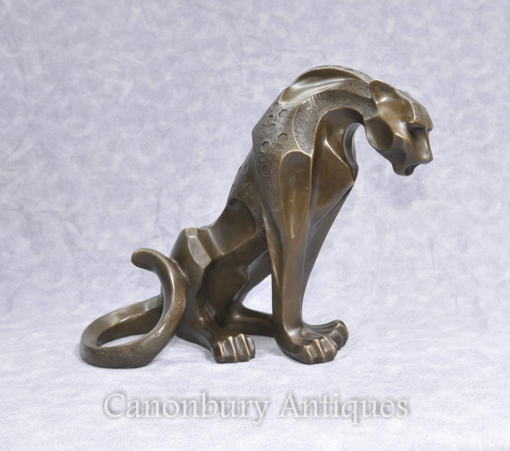 Art Deco Bronze Puma Cat Statue Feline Sculptures