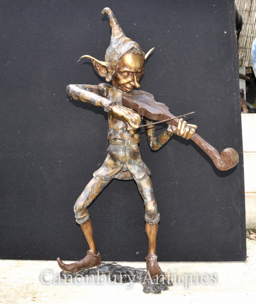 Grand Bronze Pixie joueur de violon Statue Pixies Elf Sculpture