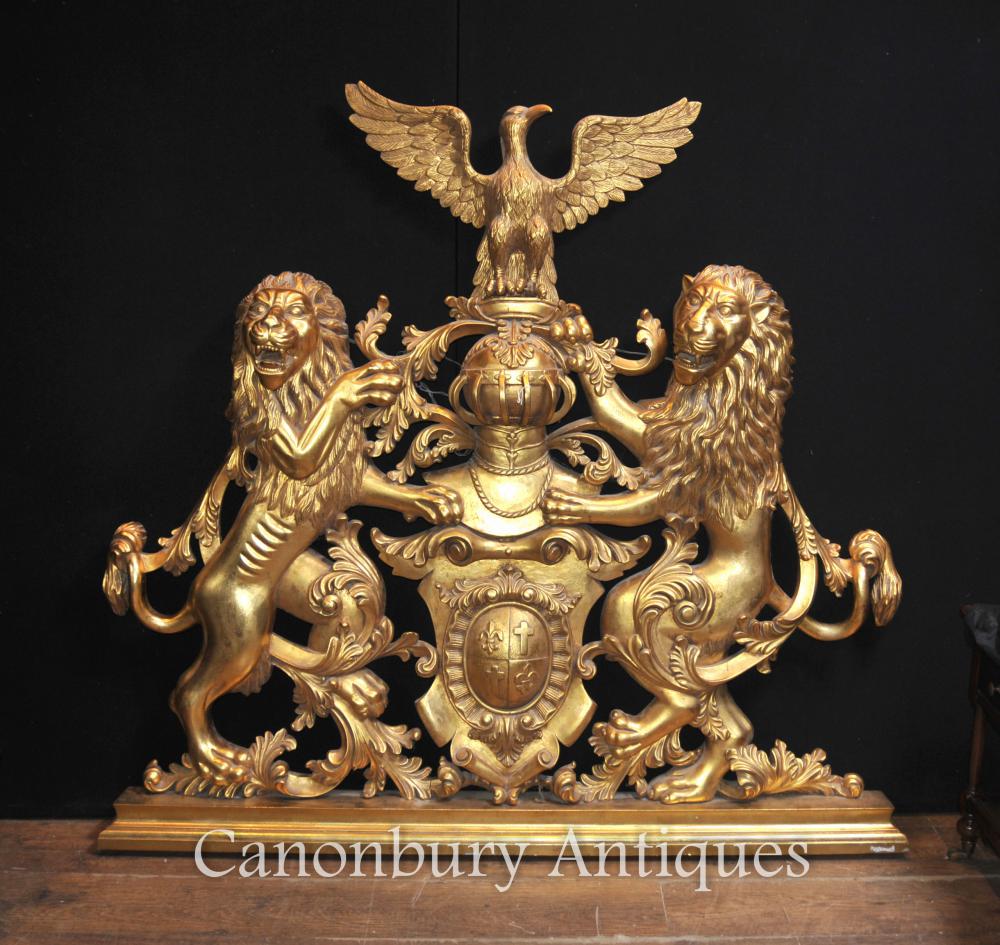 Manteau anglais Gilt des armes à la main Sculpté Héraldique Chevalier Bouclier Lion