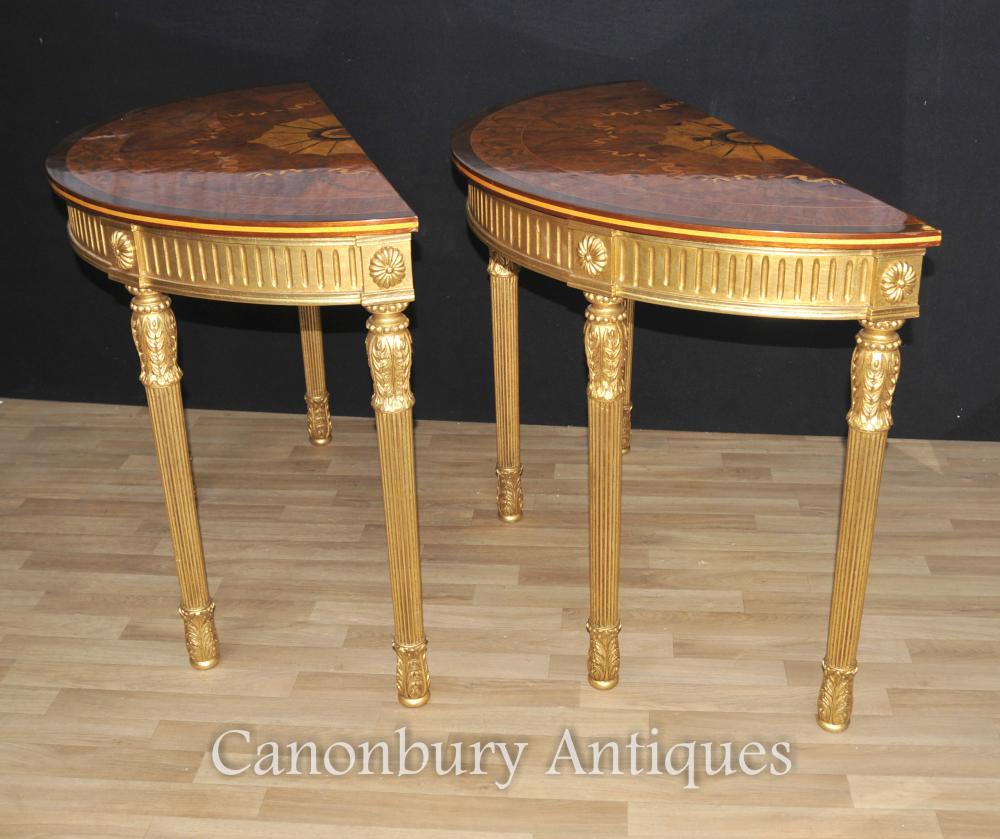 Pair Adams Regency Console Demilune Marqueterie Inlay Tops