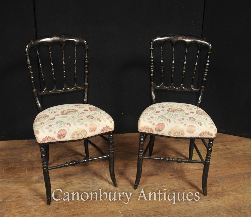 Pair Antique Chinese Noir Laque Chaise broche Retour