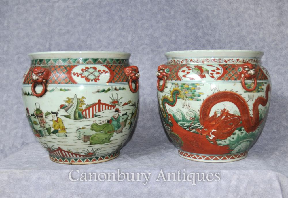 Paire Chinese Qianlong Pottery Planters Porcelaine Urnes