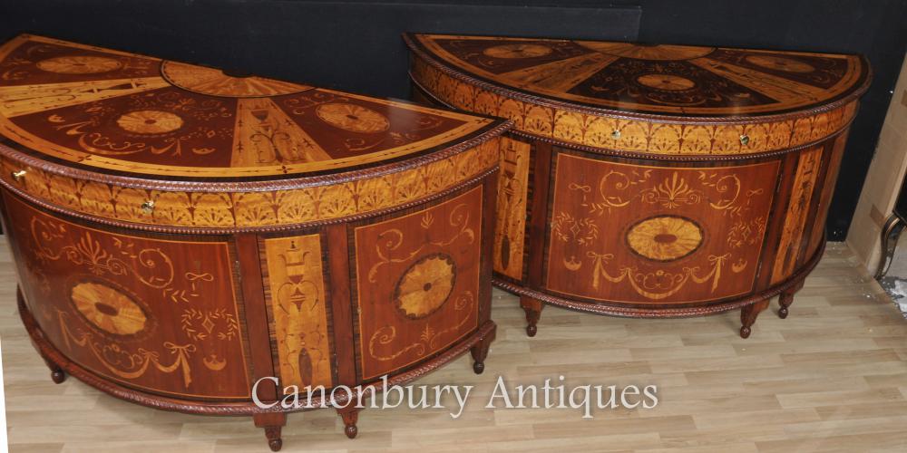 Paire Regency Marqueterie Commodes Demilune Armoires Marqueterie Inlay