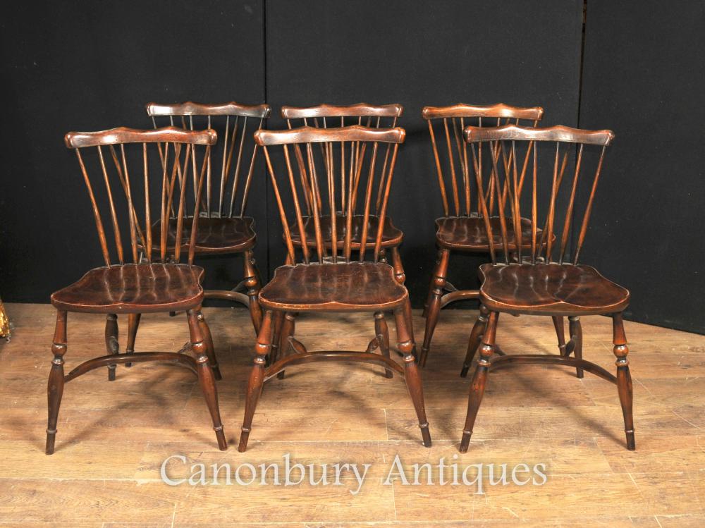 Set 8 Antique Oak Windsor Chaises 1920 Cuisine Salle à manger président