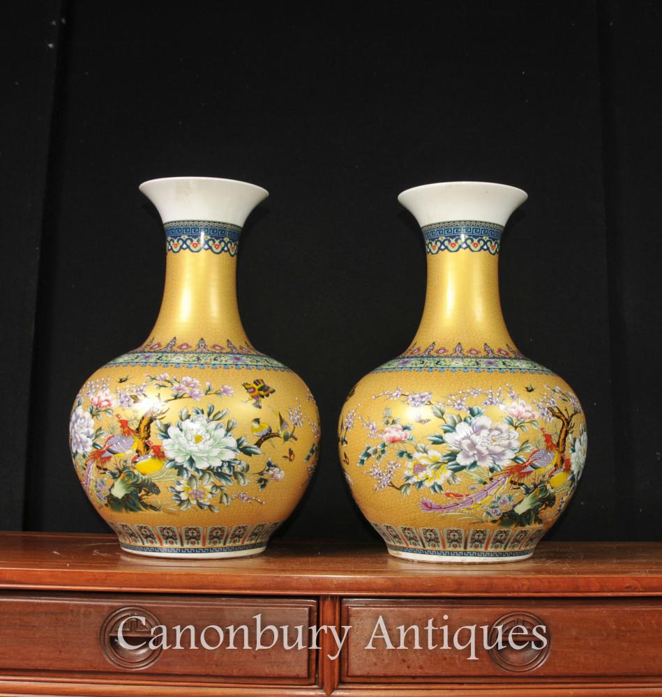 Paire Chinois Kangxi Bulbes Vases Urnes Famille Verte