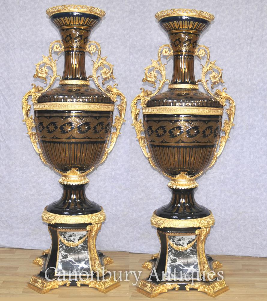 Paire Grande Français Louis XVI Coupe Verre Amphore Vases Urnes