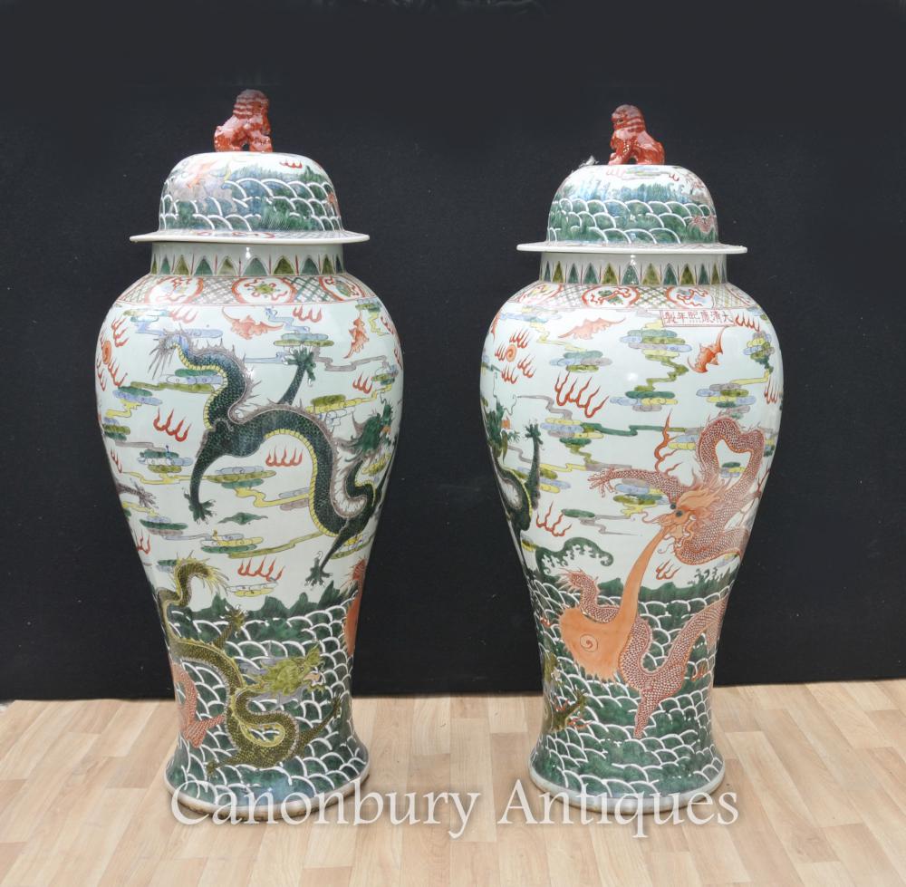 Paire XL Chinoise Qing Porcelaine Gingembre Jarres Vases Dragon Poterie