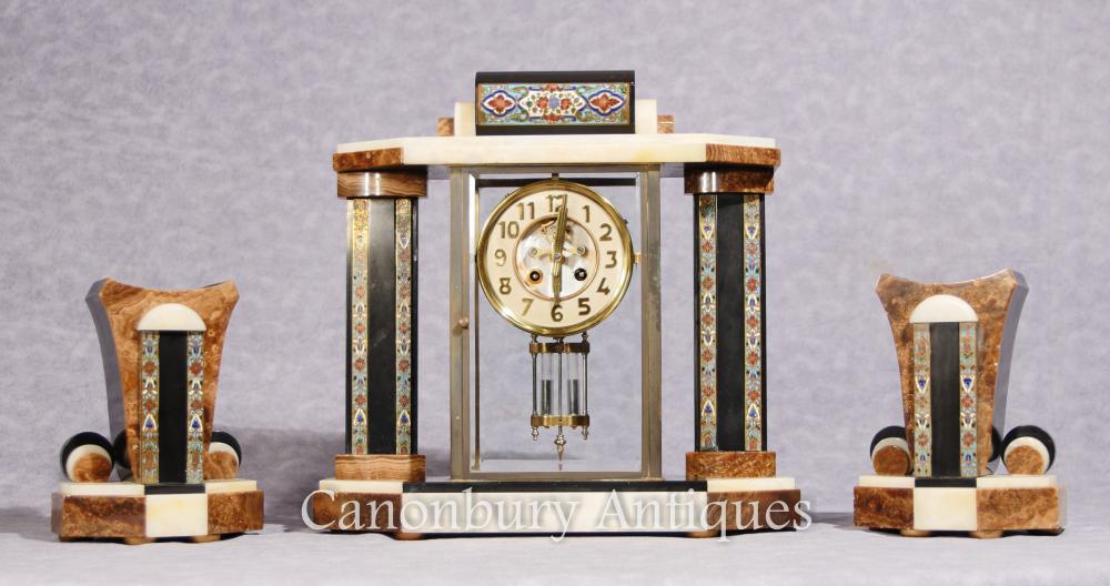 Antique Antique Art Deco Mantle Horloge Cloisonné Garniture Set