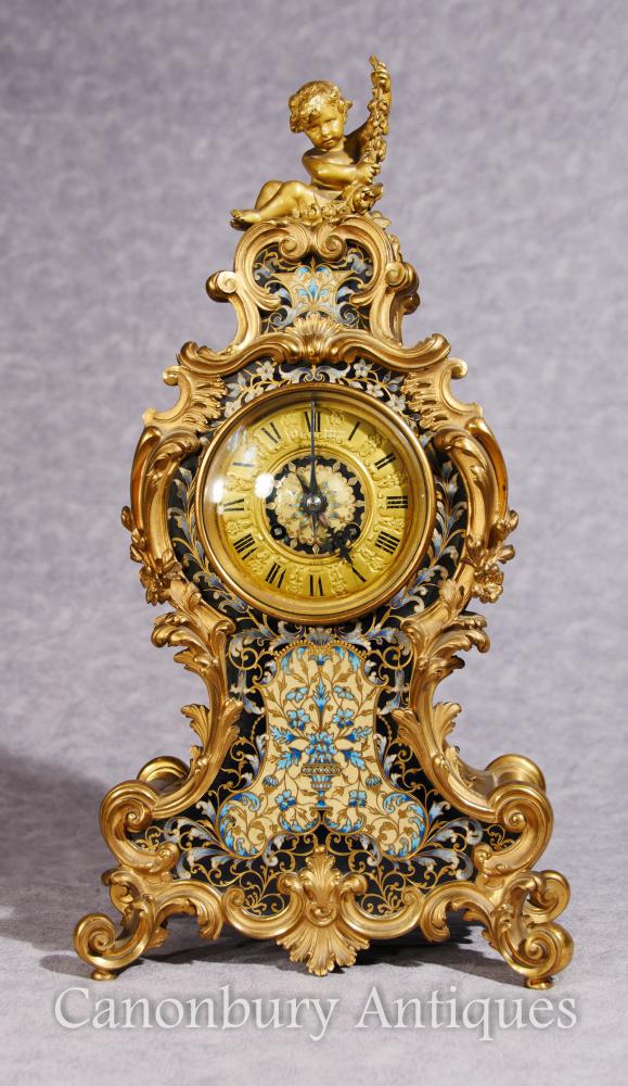 Antique Empire Français Cloisonné Horloge Mantle Rococo Ormolu Chérubin