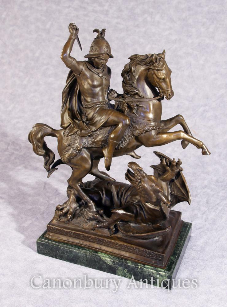 Bronze St George et Dragon Slayer Cheval Statue Signé Barye Saint