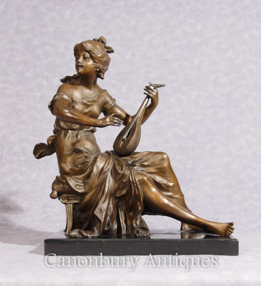 Classique Italien Bronze Maiden et Lyre Statue Figurine Signée