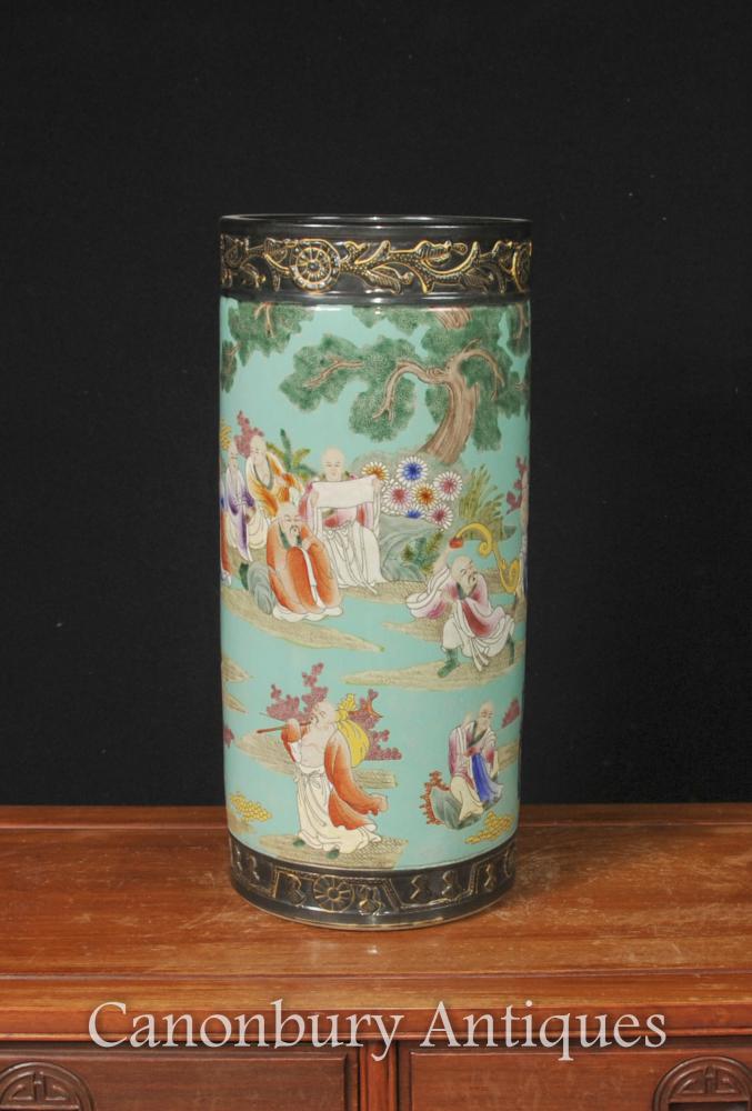 Japonais Famille Jaune Porcelaine Parapluie Stand Vase Urn