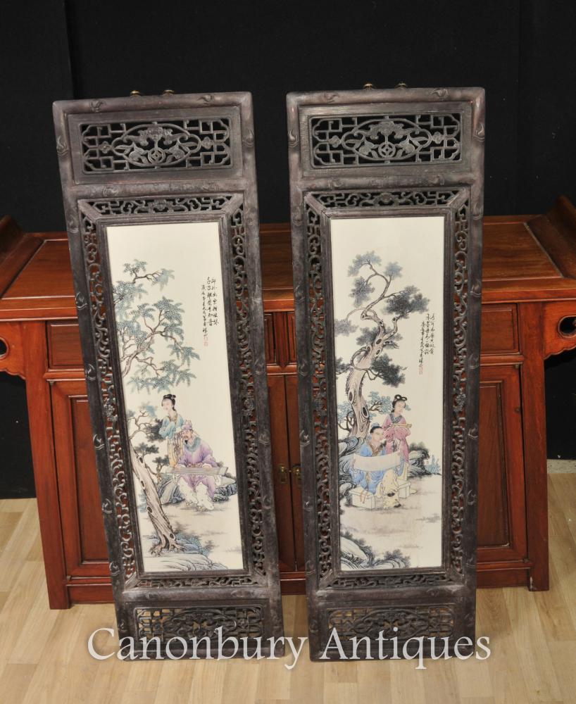 Paire Chinois Kangxi Porcelaine Plaques Écrans Cadre De Bois Durs