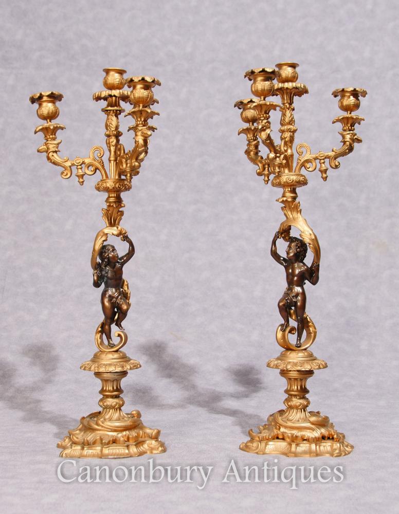 Paire Empire Français Antique Ormolu Candelabres Dore Chérubines Bougies