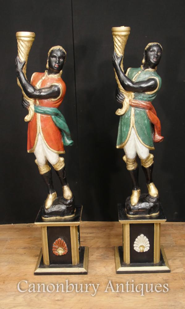 Paire Italienne Vénitienne Blackamoor Figures Peintes Vers 1930 Torcheres