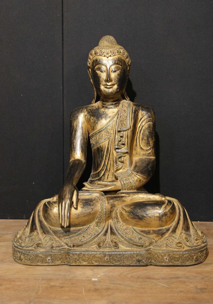 Sculpté Antique Statue du Bouddha tibétain en bois Dore Le Bouddhisme 1930