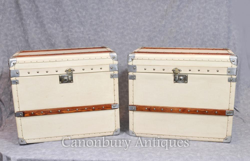 Pair Steamer Trunk English Cuir Boîtes à bagages Cases Tables