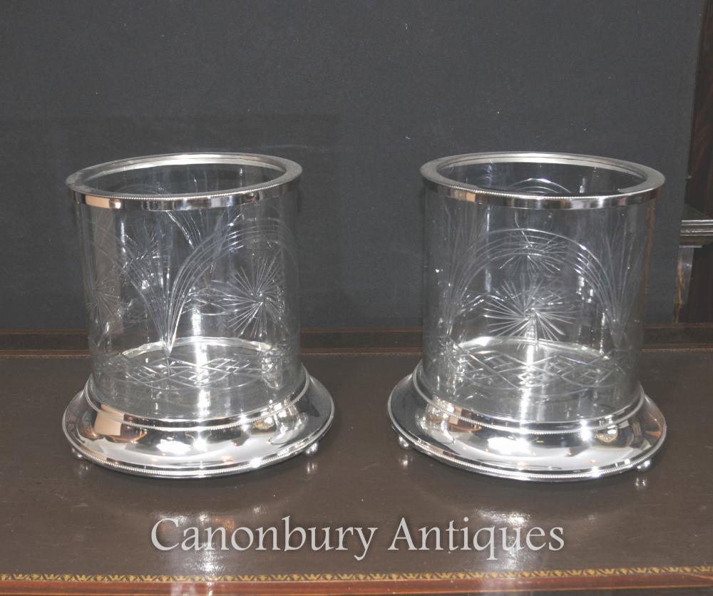 Paire Argenterie Victorienne Urnes en verre taillé Vases Plantes