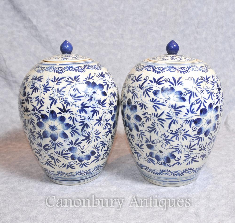 Paire Kangxi Bleu et blanc Urnes en porcelaine Vases Lidded Pots