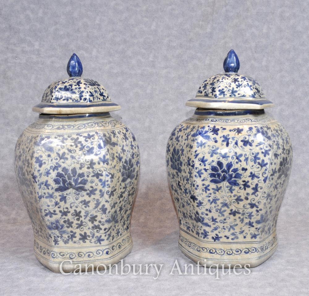 Paire Nanking Porcelaine Chine Gingembre Temple Urnes Jars Vases