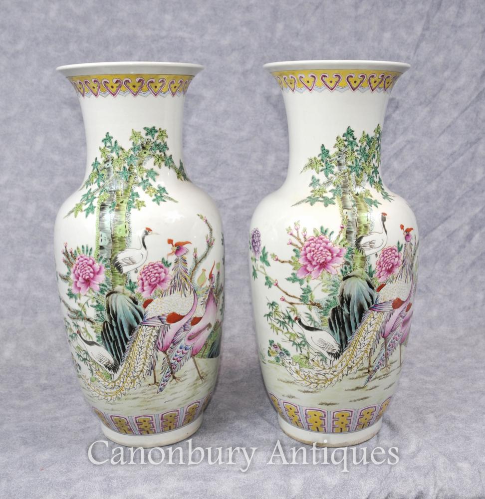 Paire famille chinoise Verte Qing Urnes Pheasant oiseaux Vases