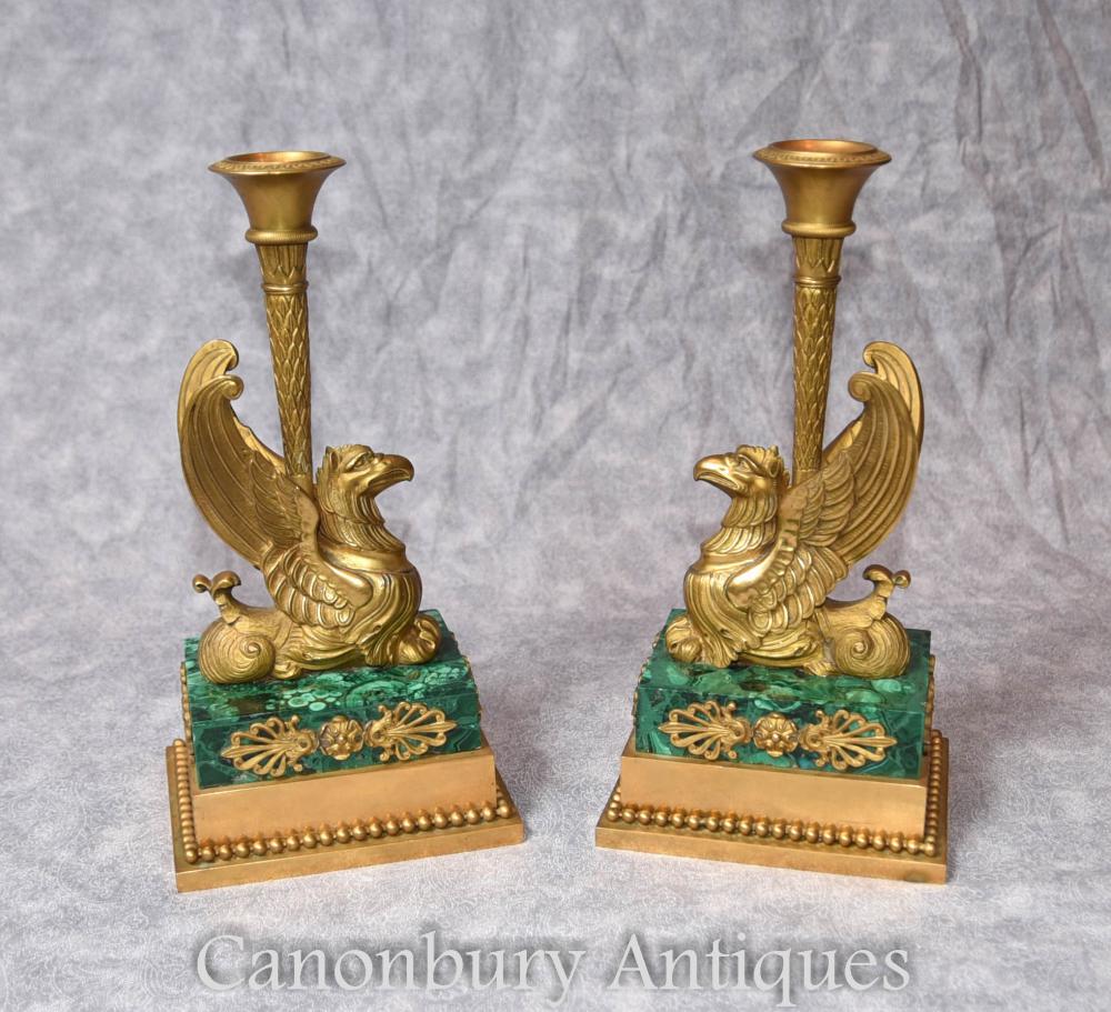 Paire Antique Empire Français Bronze Griffin Chandeliers Malachite 1810 Ormolu Candelabres