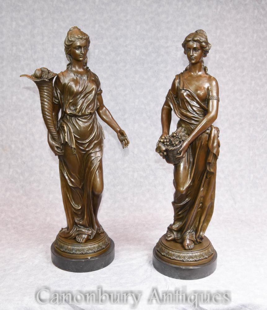 Paire Française Bronze Statue Maiden Statue Signée Milo Classique Roman Toga