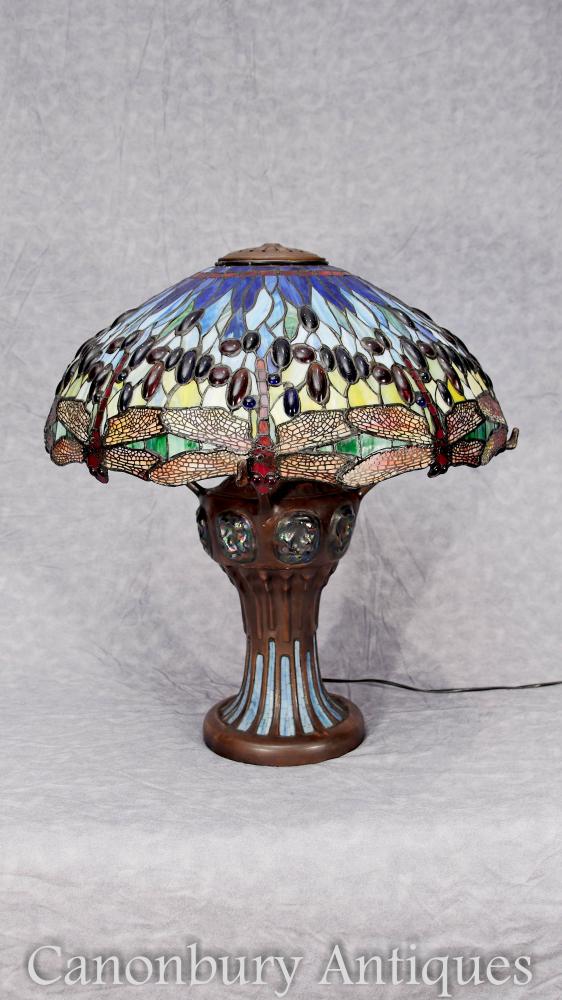 Art Nouveau Bronze Tiffany Lampe Dragonfly Colored Glass Shade