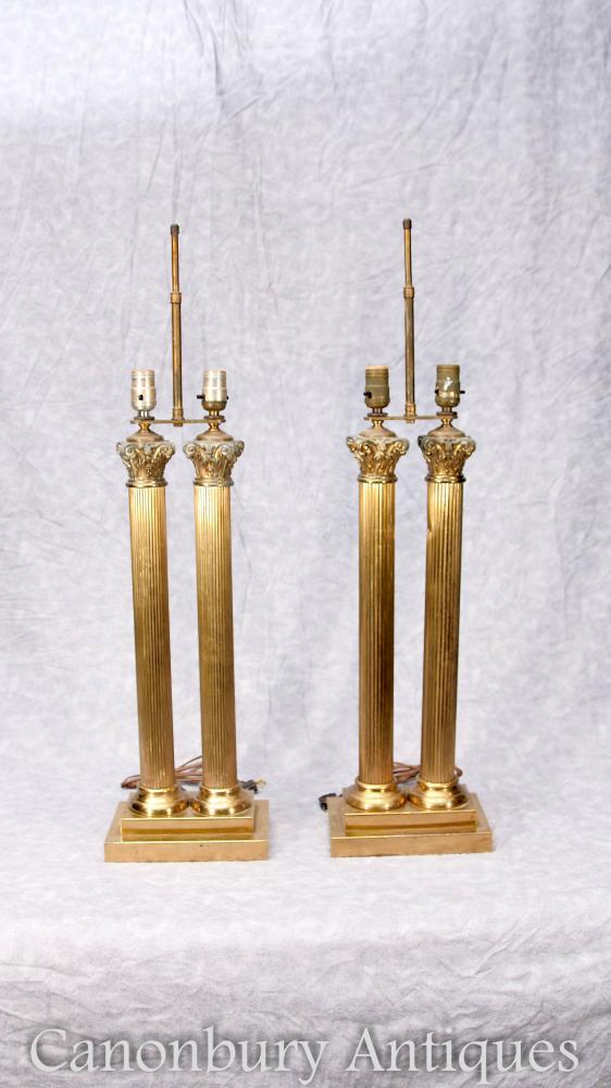 Paire Antique Gilt Regency Table Lamps Lights Colonnes Corinthiennes