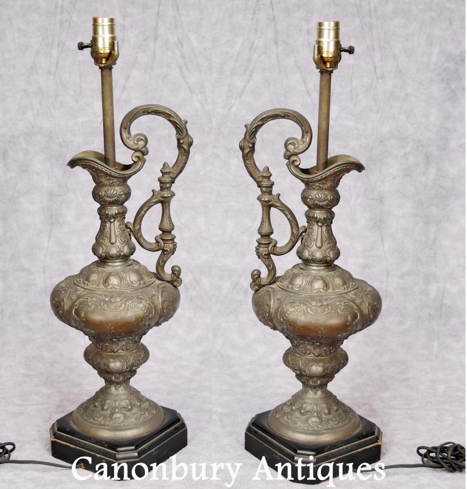 Paire Britannia Metal classique urne lampe bases table Lights bronze jug aiguière