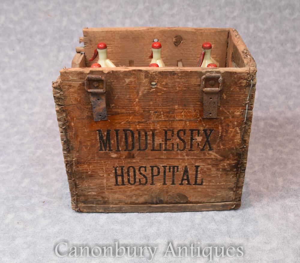 Antique Vintage Middlesex Bouteille en verre pour hôpitaux Soda Stream Set Boîte en bois