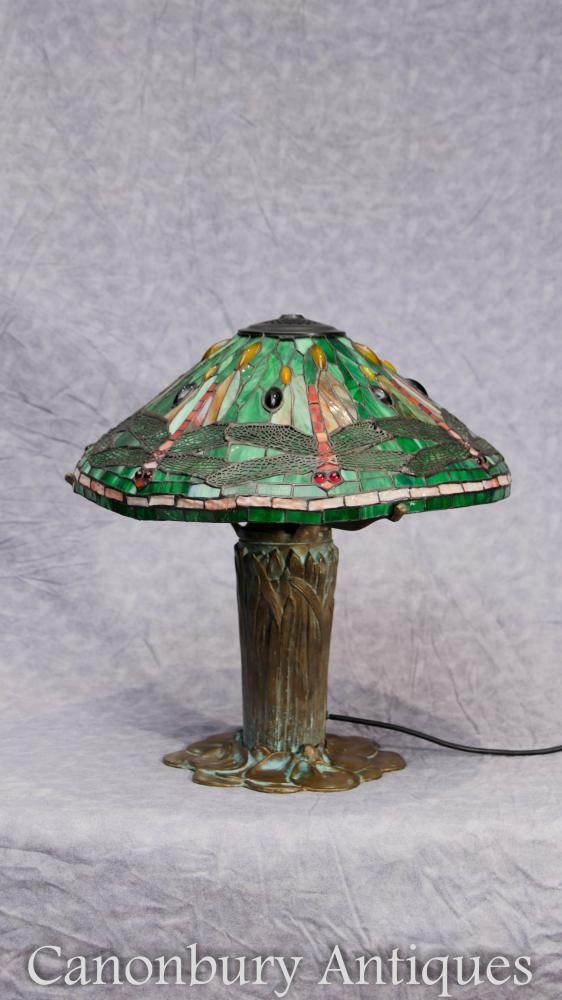 Art Nouveau Bronze Tiffany Table à lampe Light Dragonfly Shade