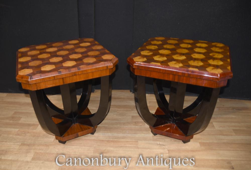 Pair Art Déco Side Tables Hexagonal Inlay