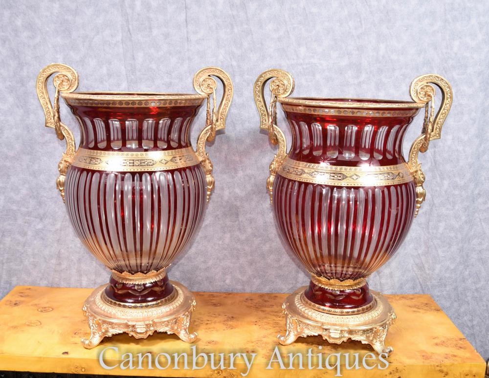 Pair Ruby Red French Cut Glass Urns Vases Jardinières Ormolu Fixtures