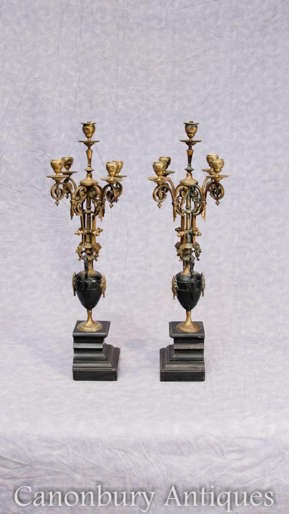 Paire Antique Empire Ormolu Candelabras Marbre Malachite Gilt Candles