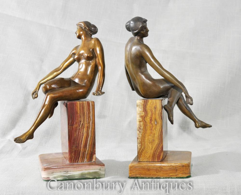 Paire Art Déco Figurine féminine Bookends Sculptures Statues Marbre