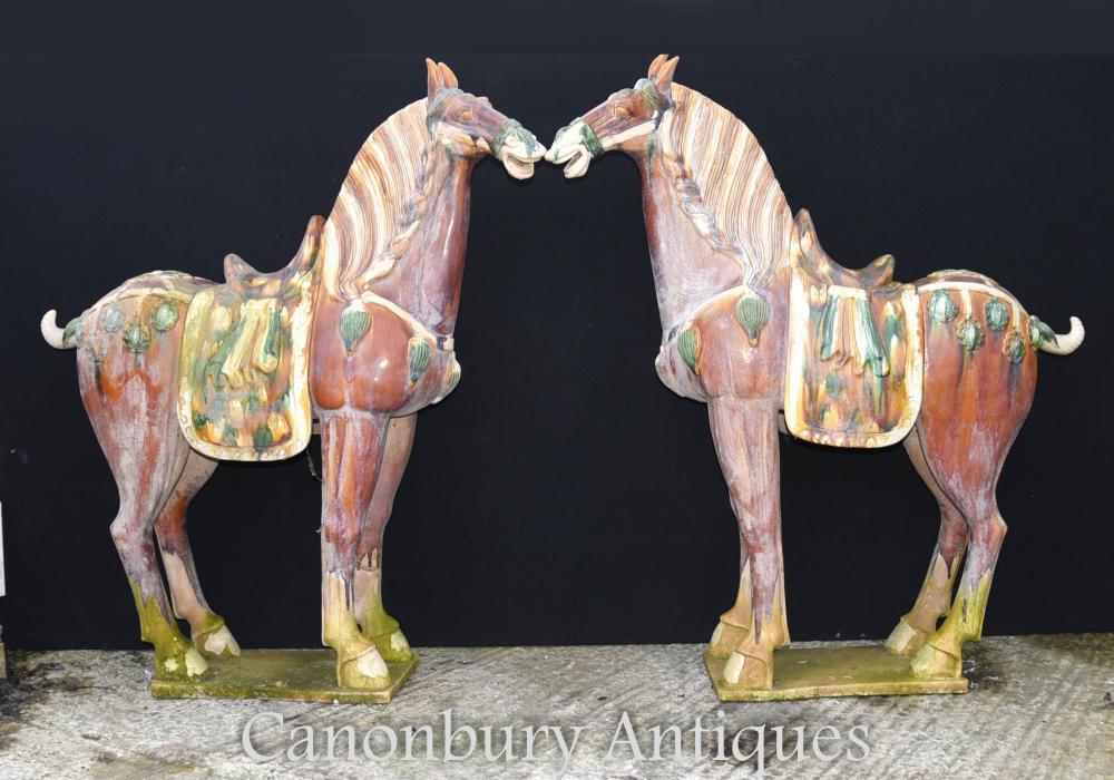 Paire Grande Porcelaine chinoise Tang Chevaux Poney Céramique Chine Cheval